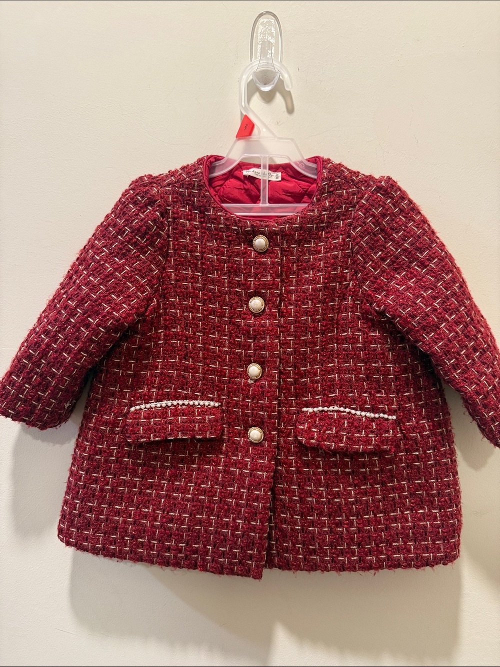 Girls' Red Tweed Holiday  Pearl-Button Pea Coat